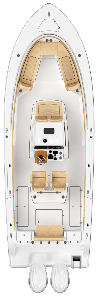 Overhead deck layout of a center console boat with tan seating, helm station, and storage compartments