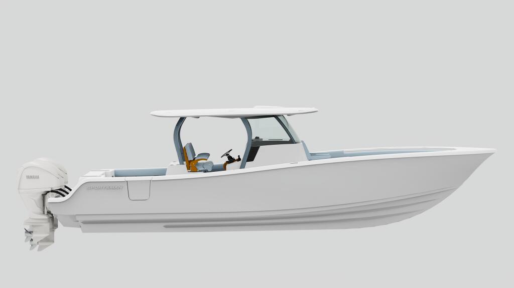 Center console fishing boat with hard-top, helm seating, and Yamaha outboard engine shown in profile