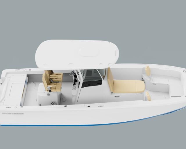 Overhead view of a white center console boat with tan seating, helm station, and dual outboard motors