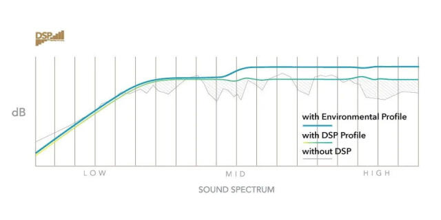 Audio frequency response graph comparing sound spectrum with and without DSP processing