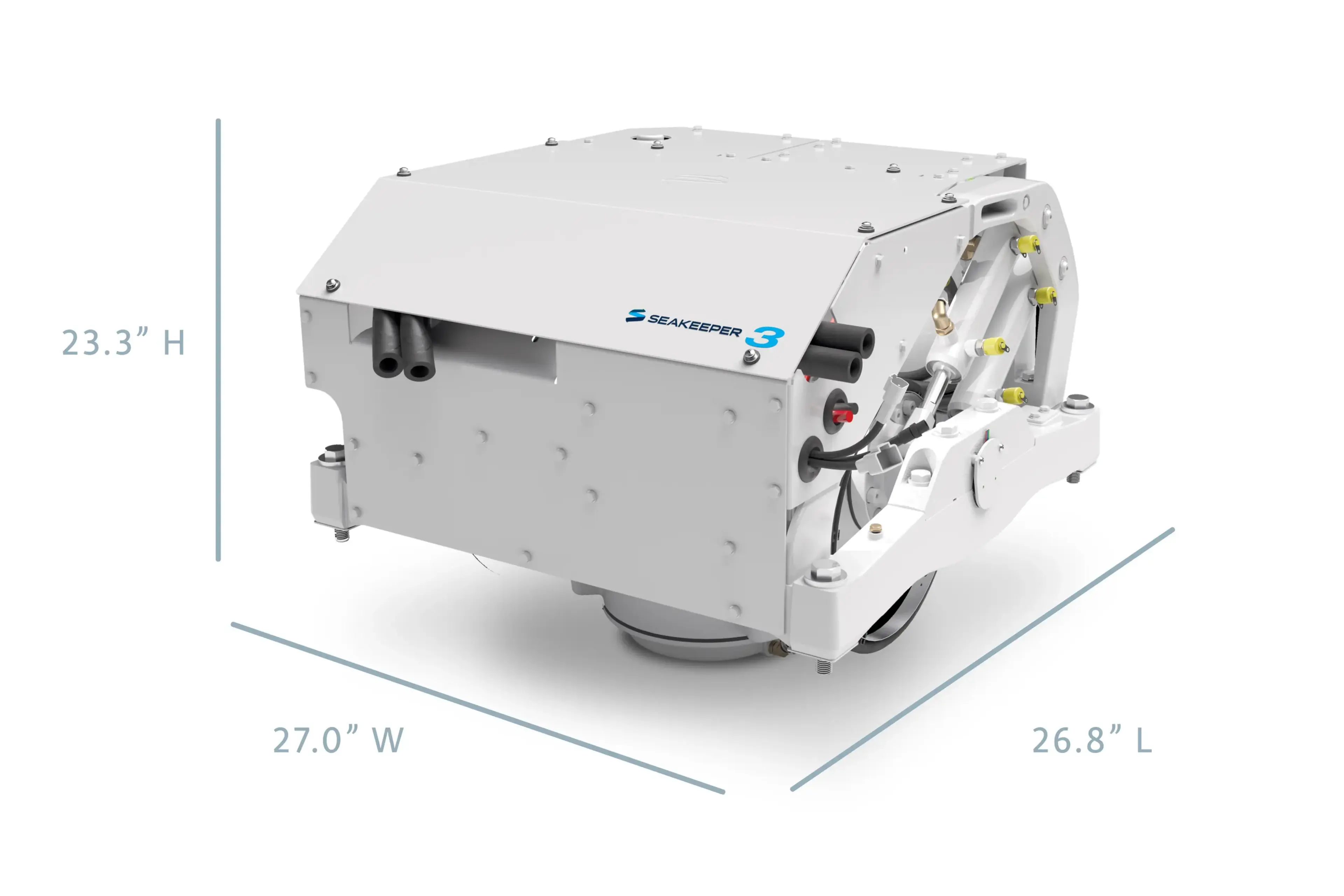 Seakeeper 3 gyroscopic stabilization system with dimensions showing 23.3 inches height, 27.0 inches width, and 26.8 inches length