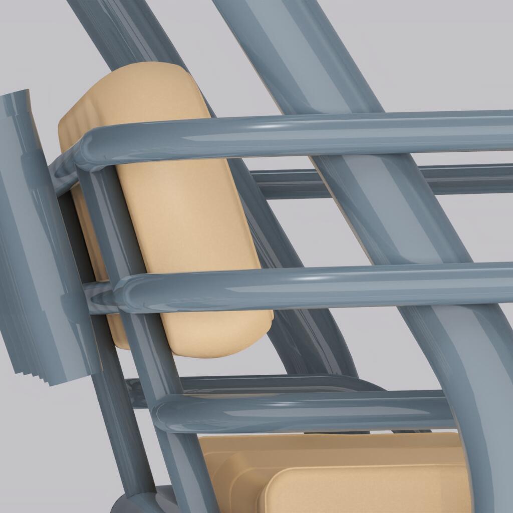Close-up of powder gray hard-top frame with tan cushioned seating and structural details