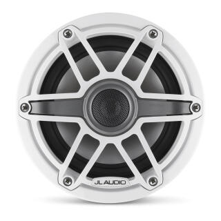 White JL Audio marine speaker with eight-spoke grille design and center tweeter dome