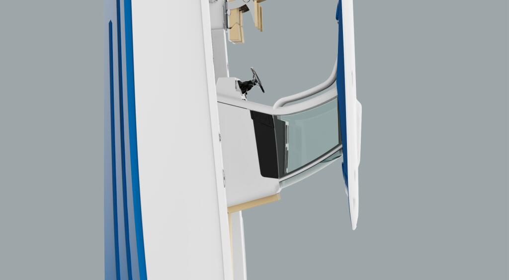 Overhead view of white and blue center console boat with hardtop, electronics, and twin outboards