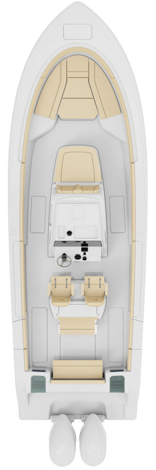 Overhead aerial view of center console boat layout with cream seating, helm controls, and storage areas