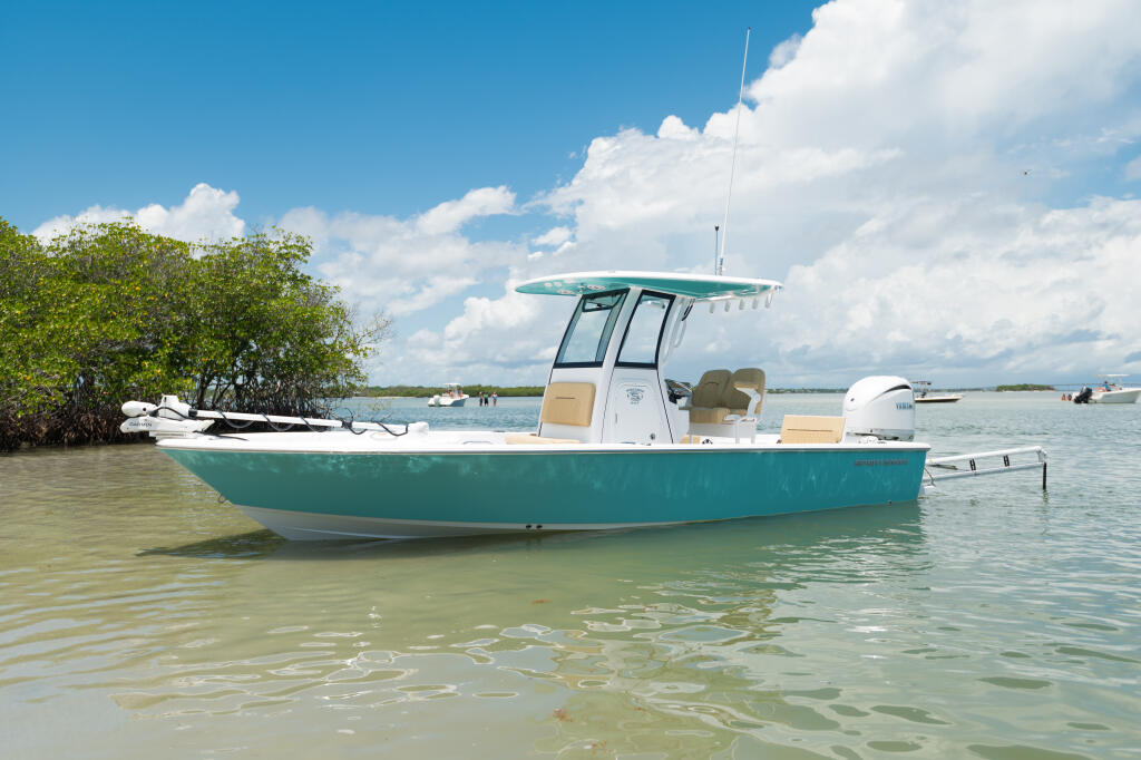 Turquoise and white bay boat anchored in shallow coastal waters near mangroves