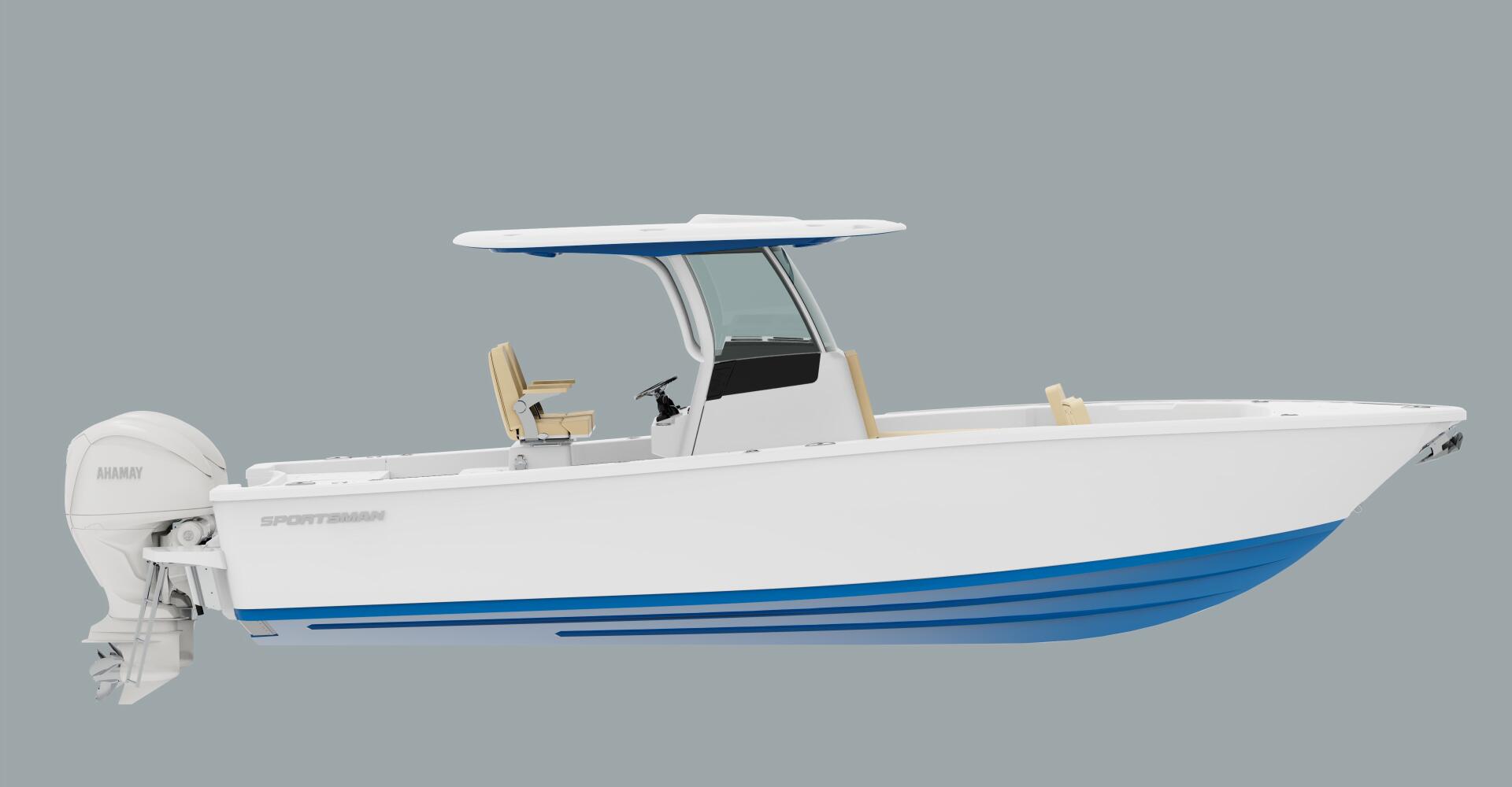 White and blue center console bay boat with hard-top, tan captain's chairs, and dual outboard engines against gray background