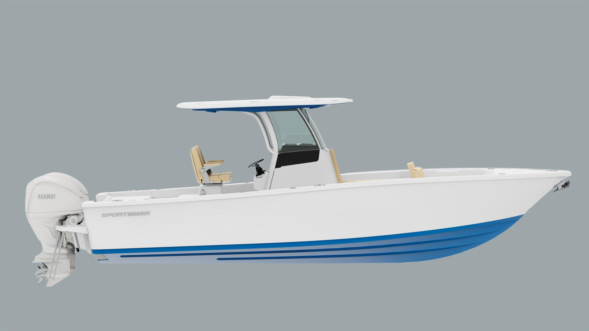 White and blue center console bay boat with hard-top, tan captain's chairs, and dual outboard engines against gray background