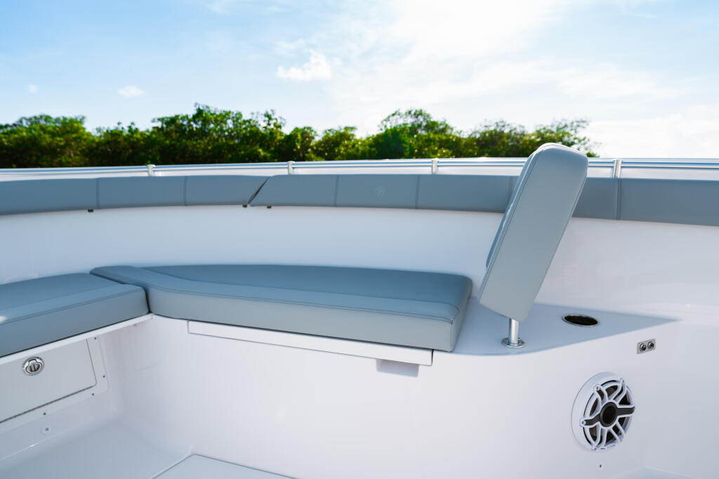 Blue cushioned seating and white gunwale of a boat with mangrove shoreline in background