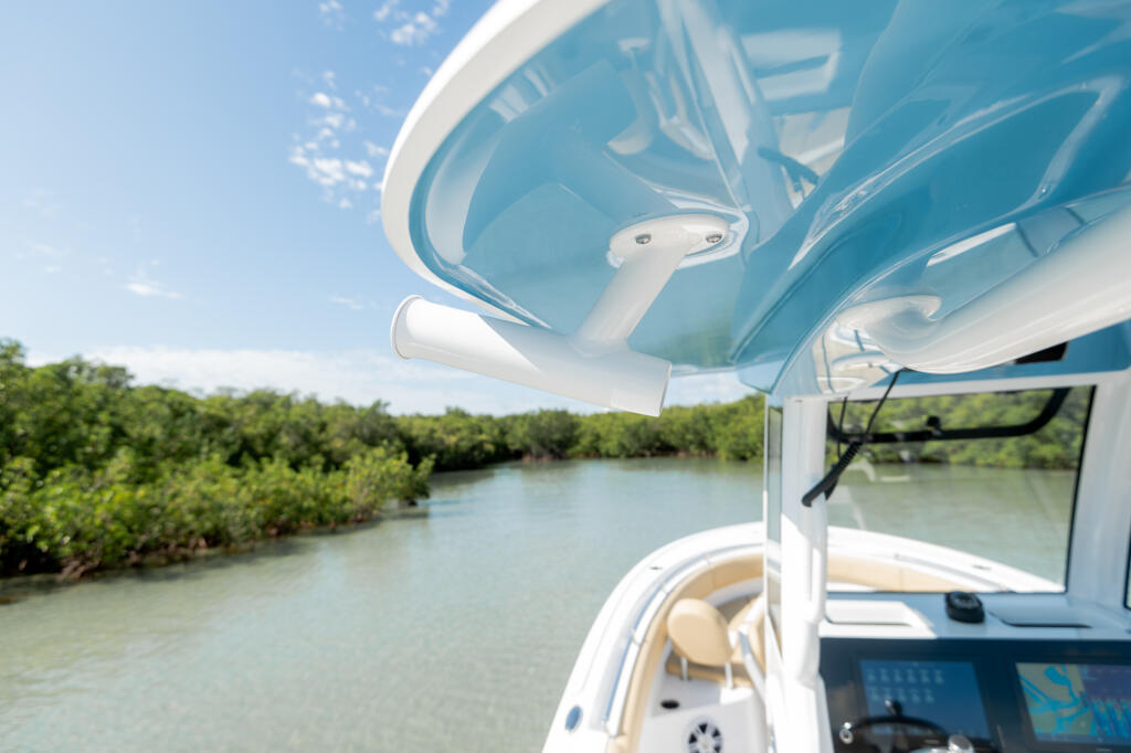 Boat's hard-top canopy and helm with mangrove shoreline and shallow water visible ahead