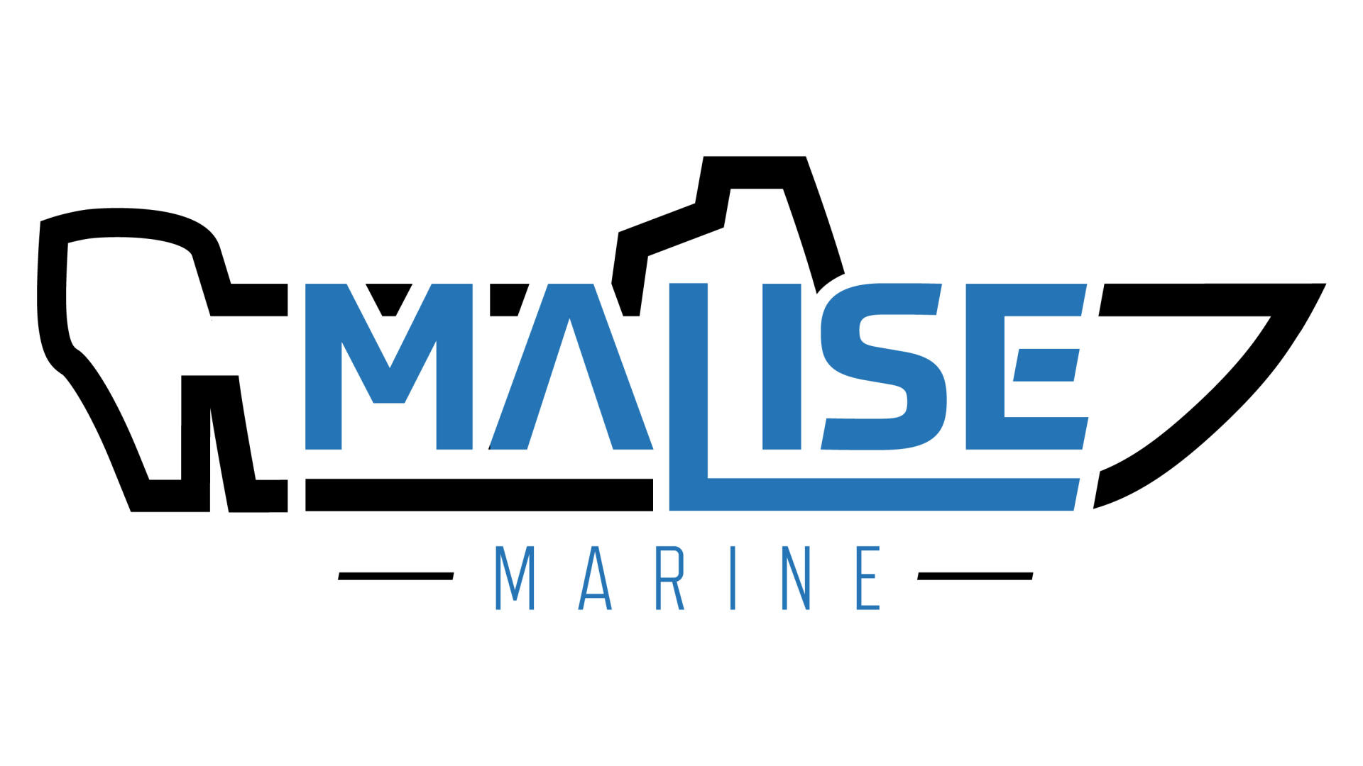 Malise Marine logo featuring a boat silhouette with blue text and black outline design