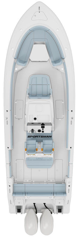 Overhead view of a white Sportsman center console boat with light blue seating and helm station