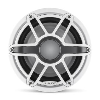 JL Audio marine speaker with white frame, black cone, and distinctive white baffle with mounting hardware