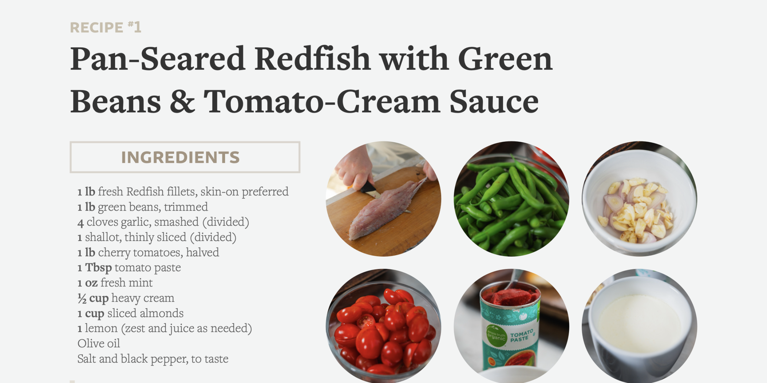 Pan-seared redfish recipe with ingredients including fresh fish fillets, green beans, tomatoes, cream, and almonds