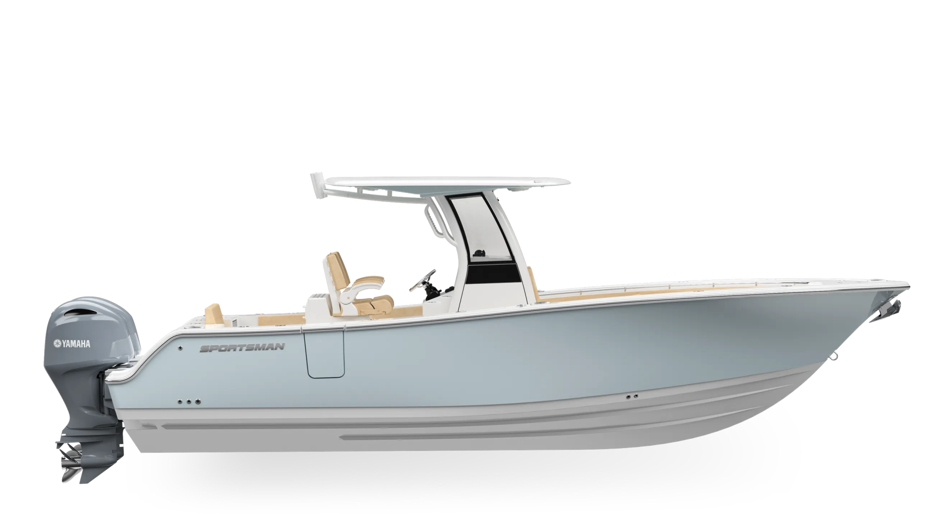 Sportsman center console fishing boat with hard-top and Yamaha outboard engine against white background