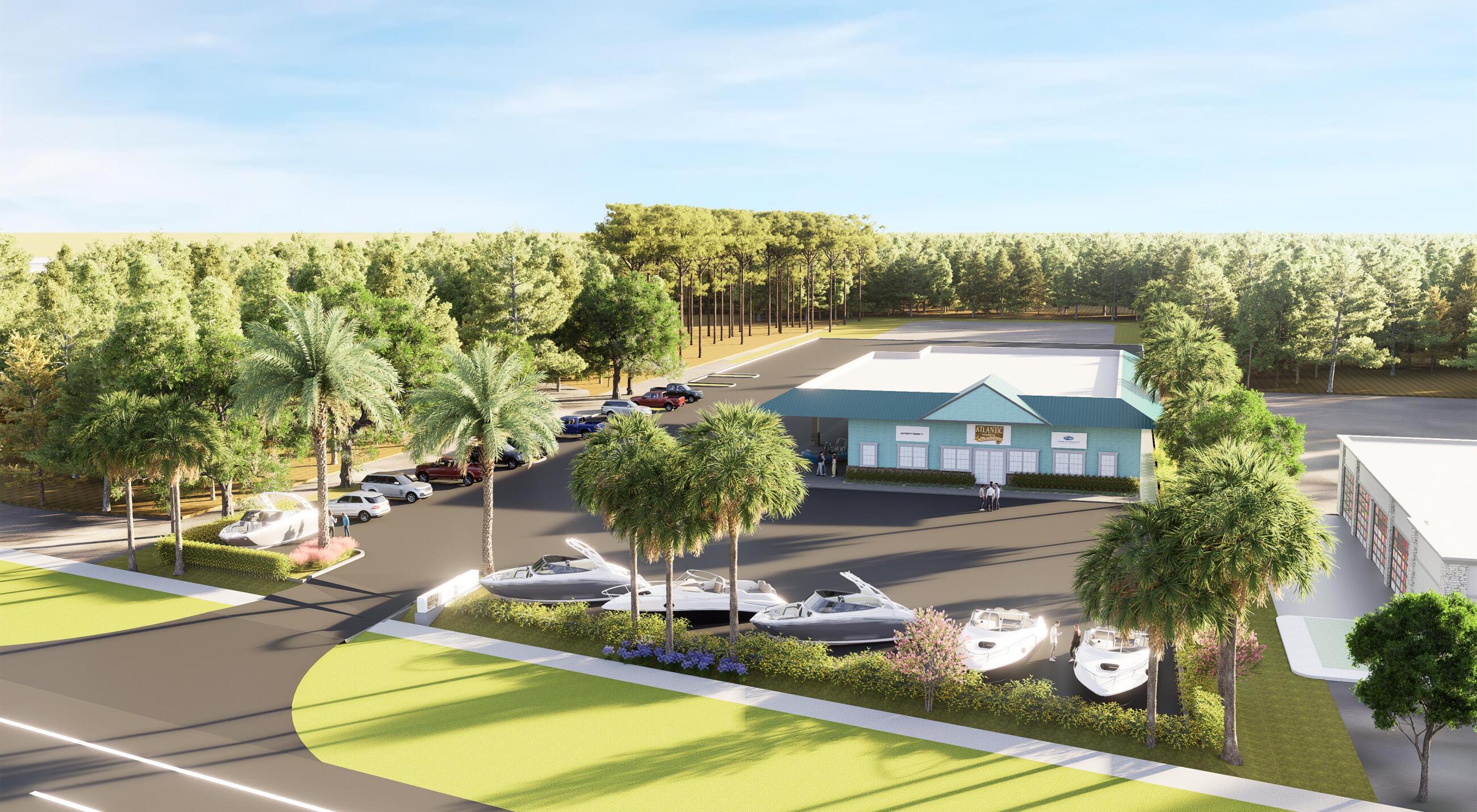 Aerial rendering of a waterfront marina facility with boat displays, palm trees, and a turquoise service building along a river