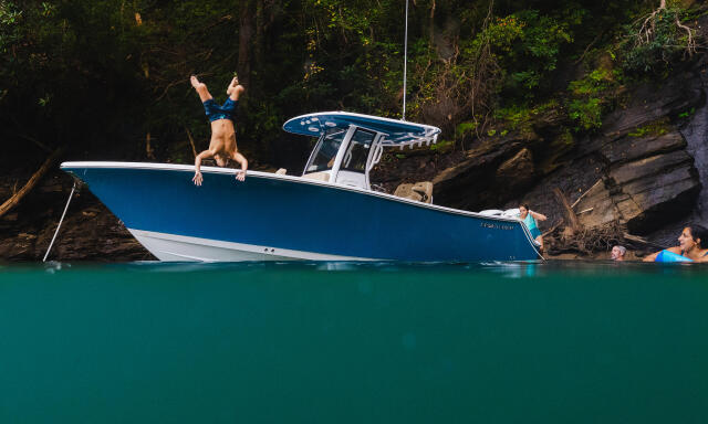 Man doing a backflip off the gunwale of a blue and white boat while others swim in turquoise water near rocky cliffs