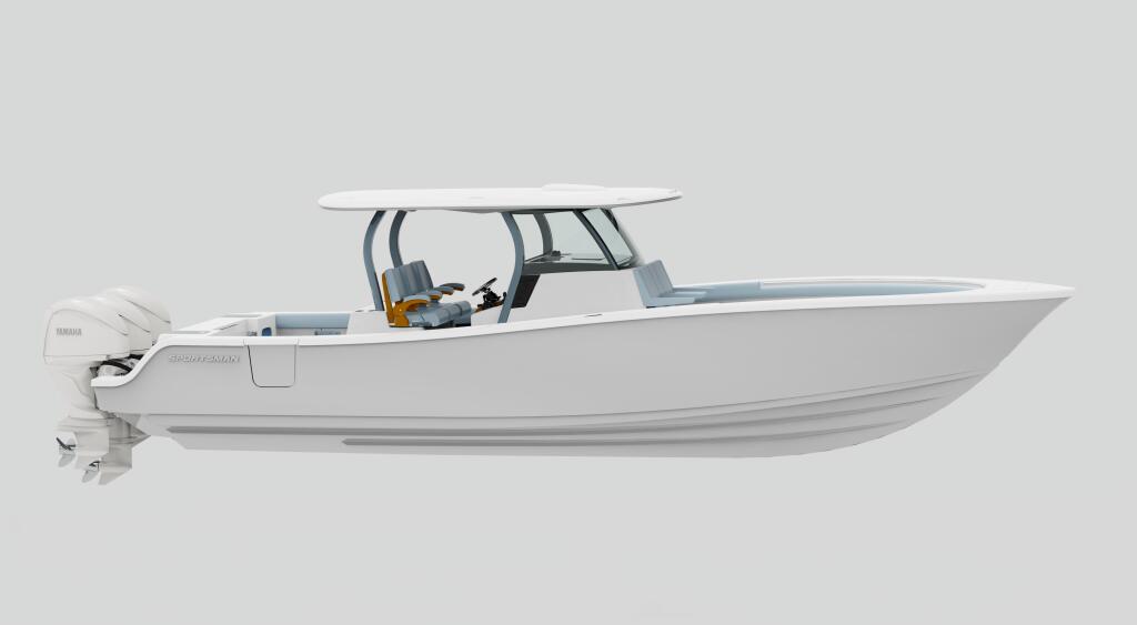 White center console boat with hardtop, helm seating, and outboard engine shown in side profile