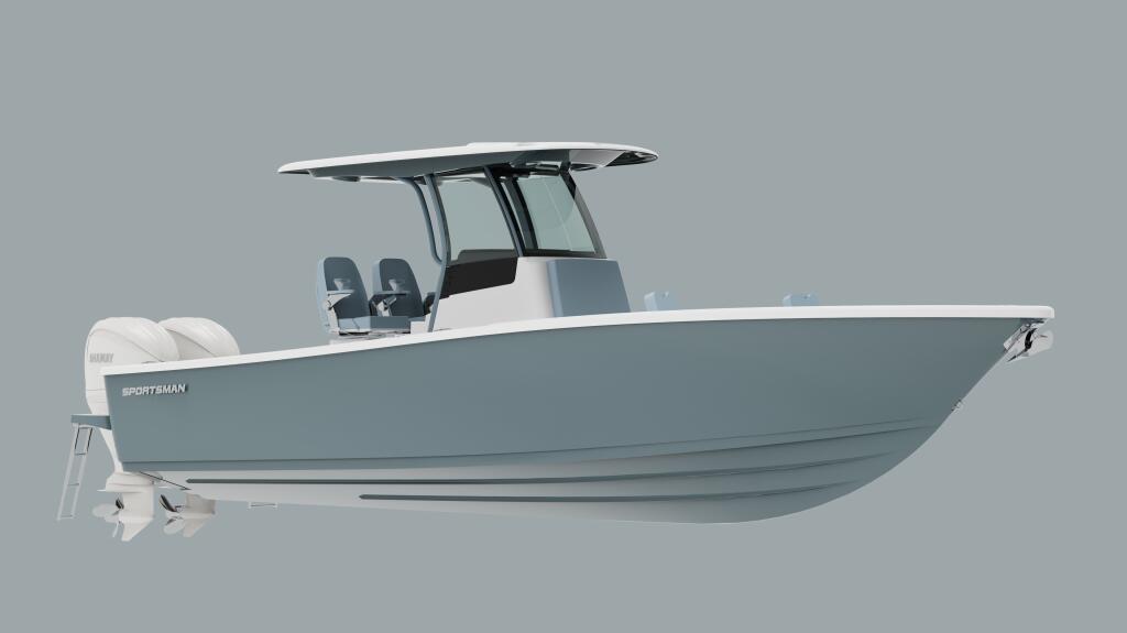 Sportsman bay boat with hard-top, dual helm seating, and twin outboard engines shown in profile
