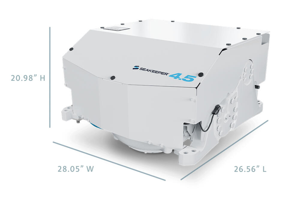 Seakeeper 4.5 stabilization system with dimensions showing 20.98 inches height, 28.05 inches width, and 26.56 inches length