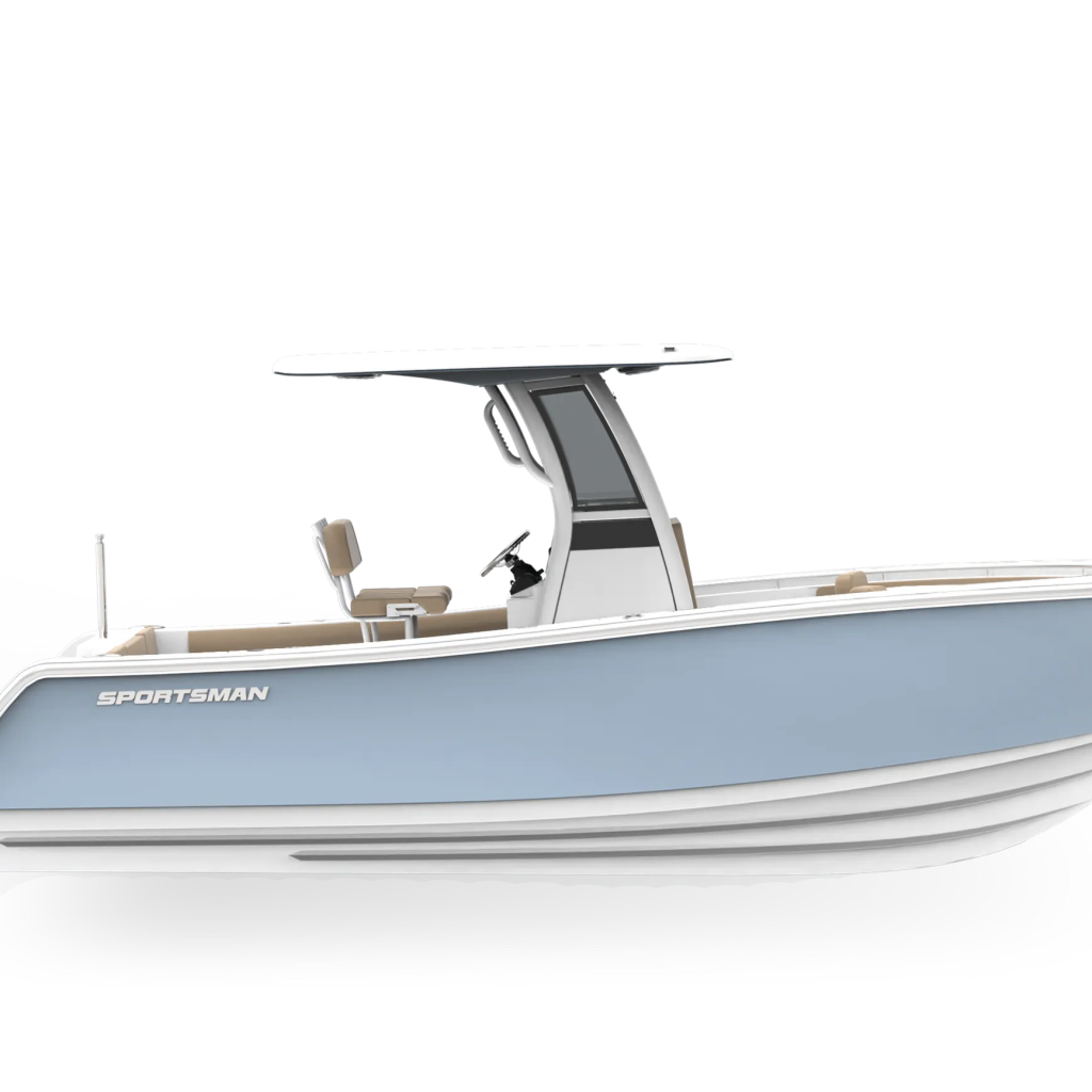 Sportsman center console fishing boat with T-top, tan seating, and outboard engine in profile view