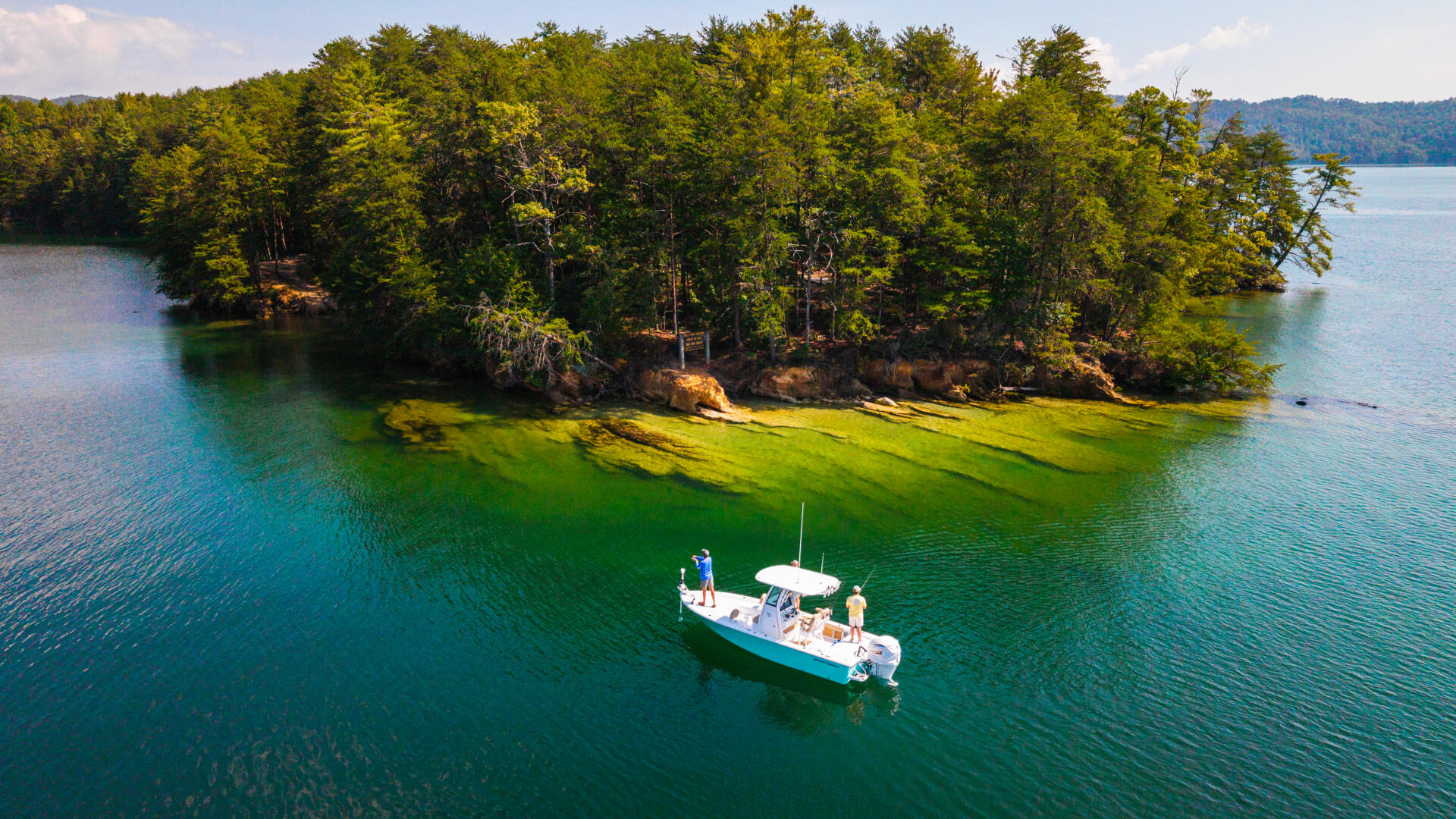 Turquoise waters surround a white and blue fishing boat anchored near a forested shoreline