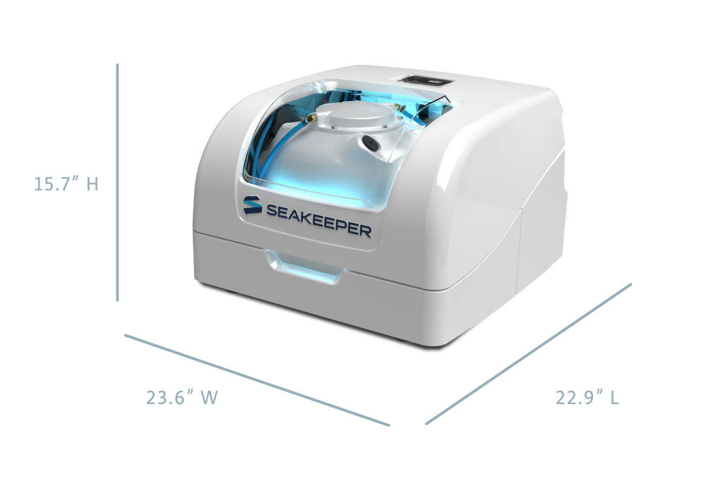 White Seakeeper marine gyroscopic stabilizer system with dimensions and blue interior component visible