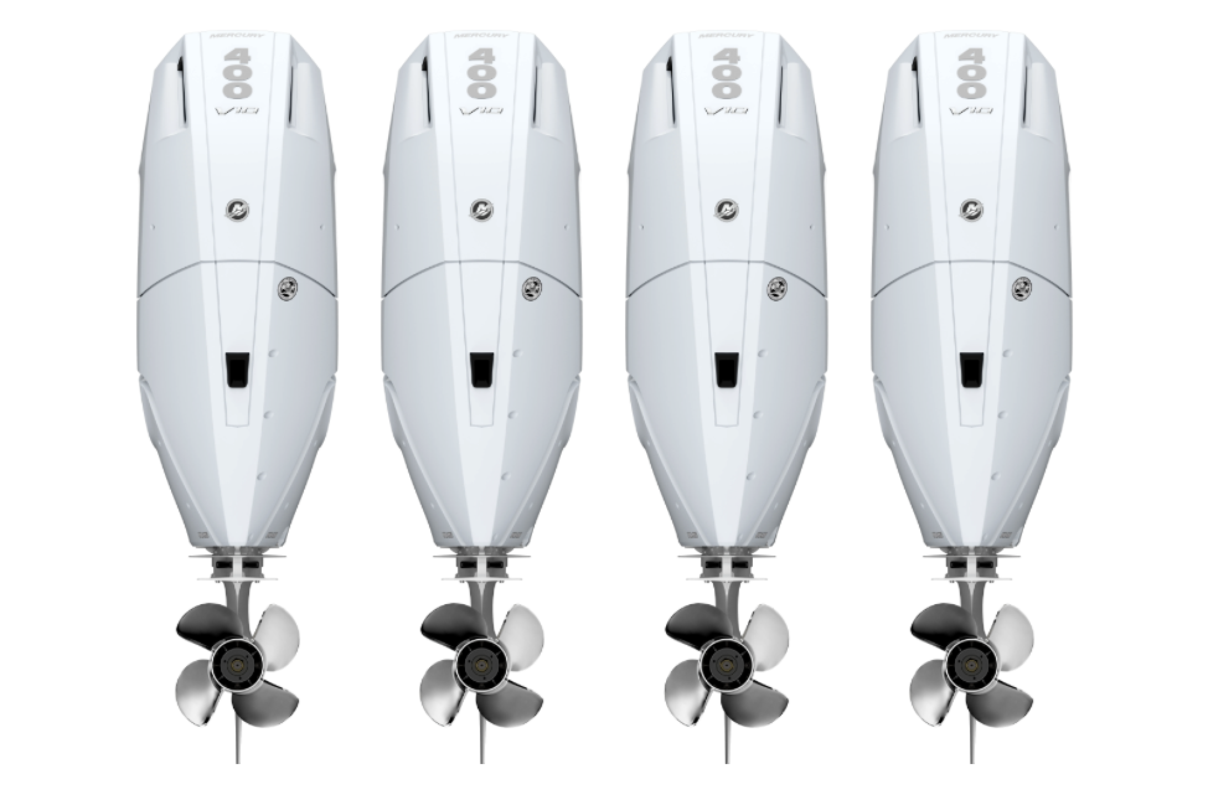 Four white boats with outboard engines shown from above in an aerial lineup view