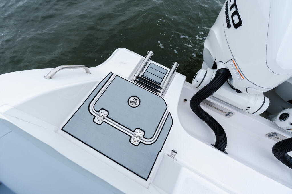 Boat helm with dual throttle controls, engine gauges, and white outboard motor visible against green water