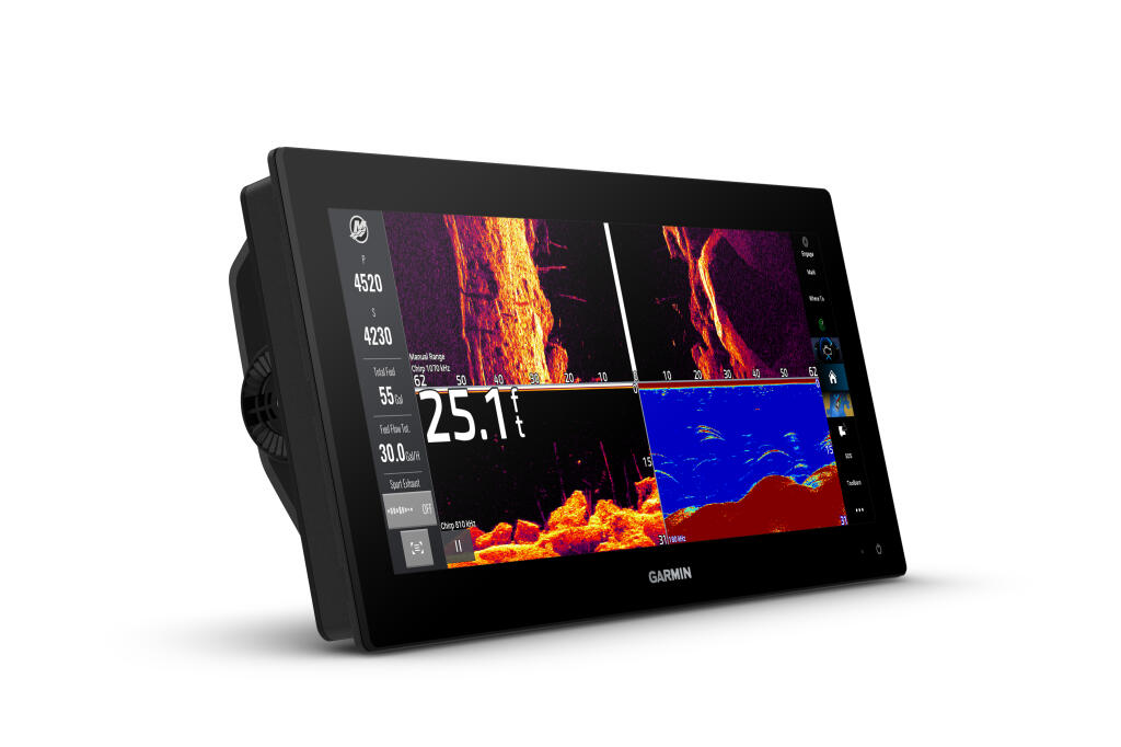 Garmin GPSMAP display showing thermal imaging and sonar readouts with depth and temperature data