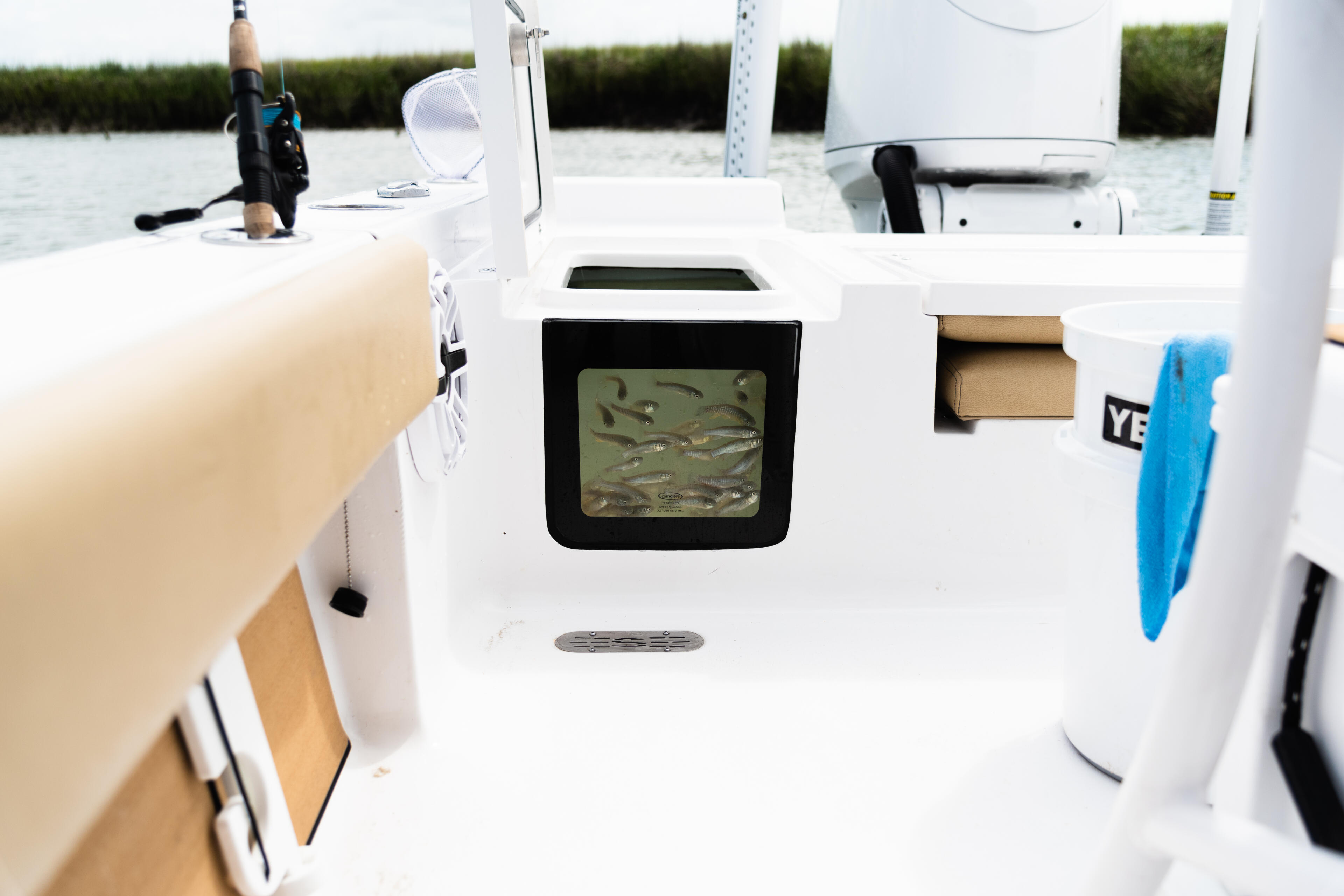 Boat console with livewell display showing fish underwater, fishing rod and storage visible