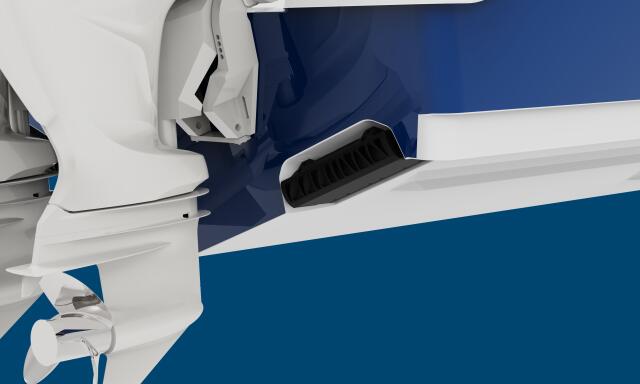 Close-up of white boat hull with blue stripe and black ventilation vent detail
