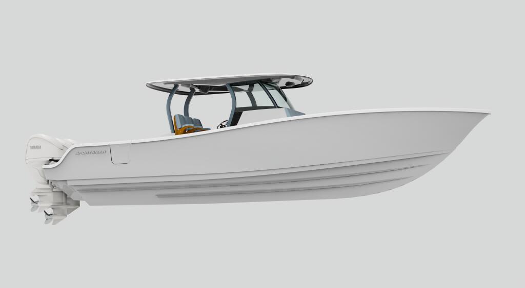 White center console fishing boat with black hard-top canopy and dual outboard engines shown in profile