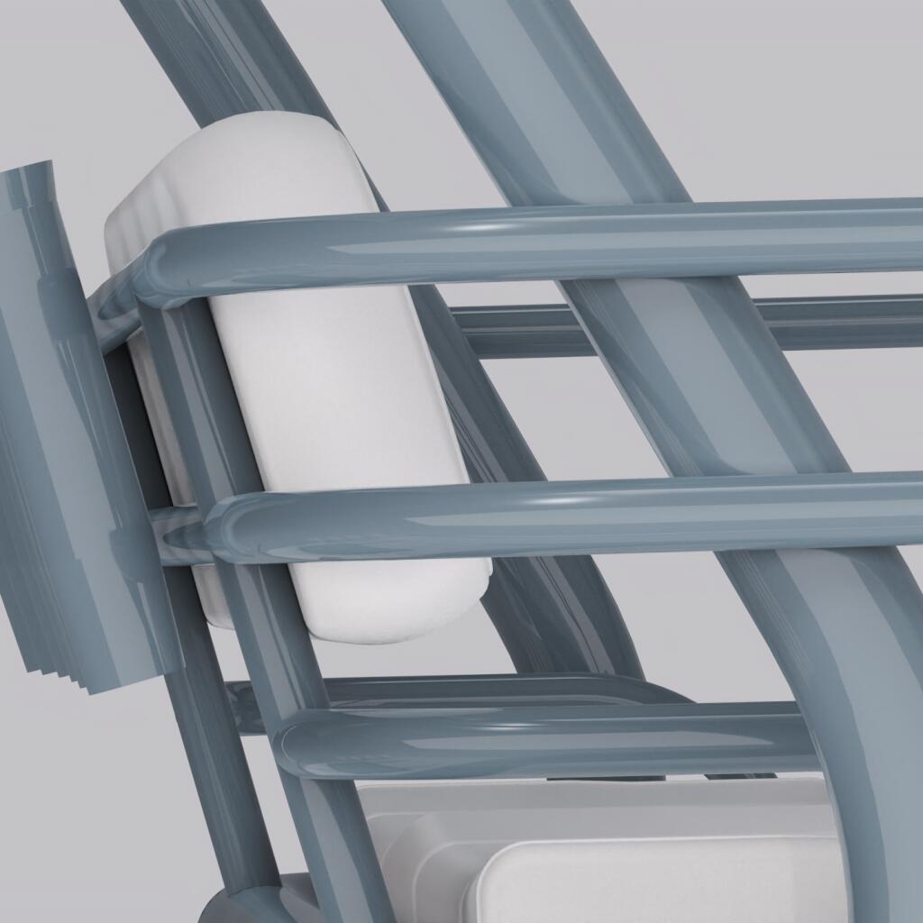 Powder gray hard-top frame structure with white lighting fixture mounted on angled support beams