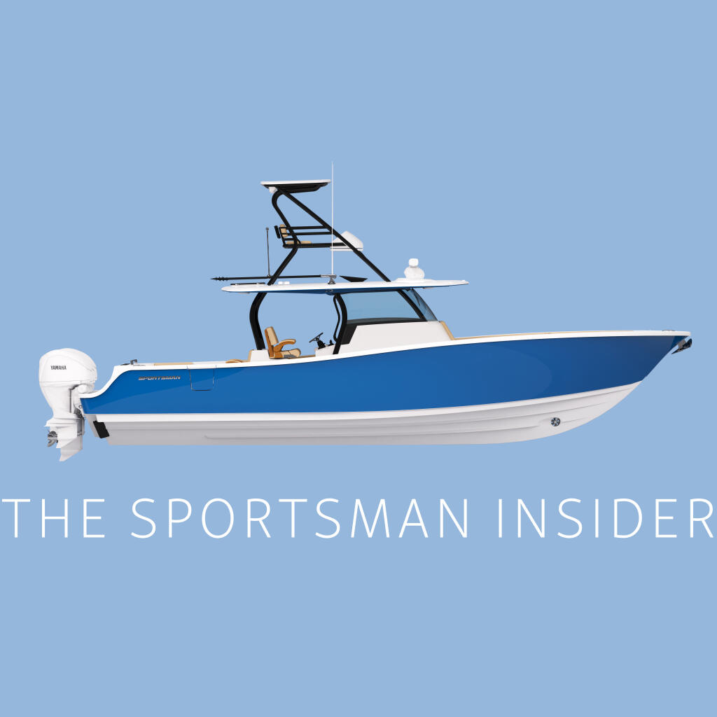 Blue and white sport fishing boat with tower and Yamaha engine shown in side profile against clear blue sky