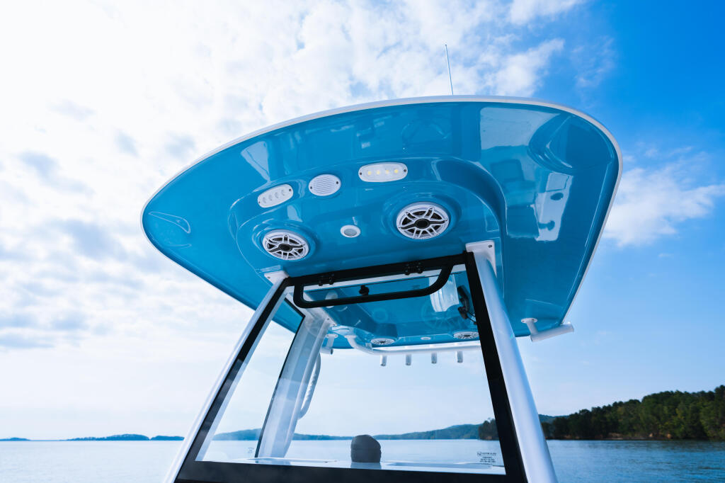 Bright blue fiberglass hard-top with built-in LED lighting and gauges viewed from below on calm lake