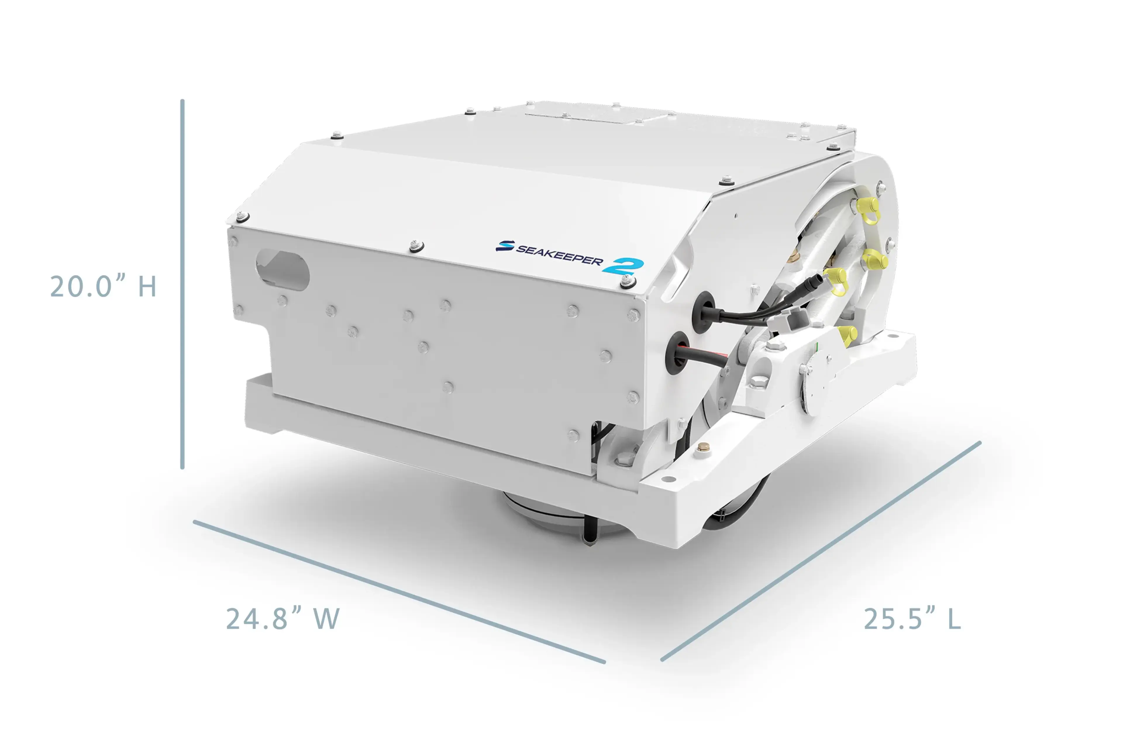 Seakeeper 2 gyroscopic stabilization system with dimensions shown: 20.0" H, 24.8" W, 25.5" L