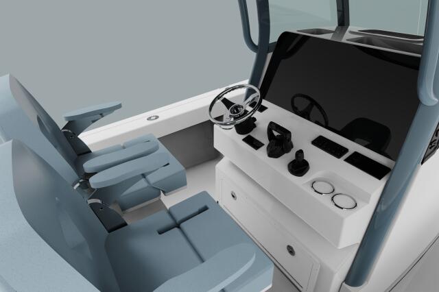Helm console with steering wheel, control panel, and upholstered captain's seating in modern boat design
