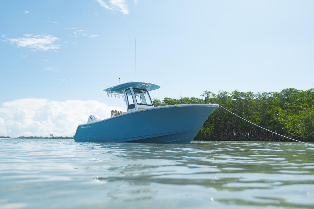 Blue center console boat with hard-top anchored in shallow mangrove waters under clear sky