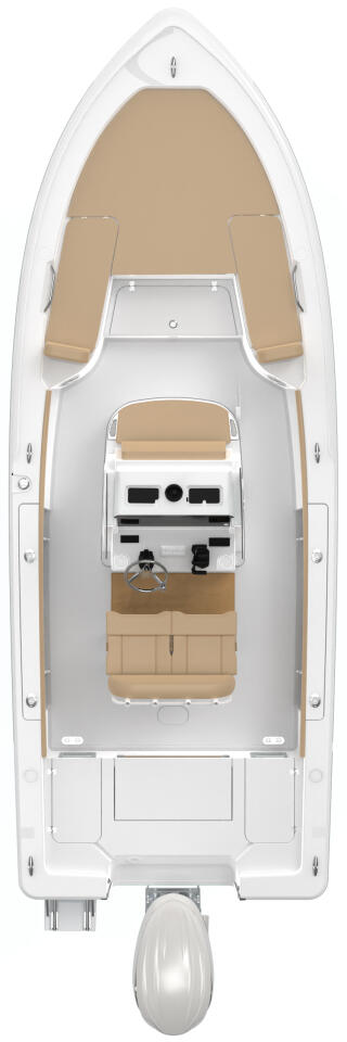 Overhead view of white center console boat with tan upholstery and helm station