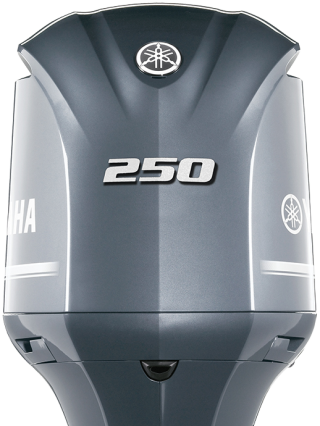 Yamaha F250 marine outboard engine rear view with dual propeller design