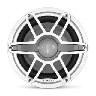 White JL Audio marine subwoofer with gray grille and center dome, front view