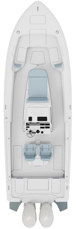 Overhead view of a center console fishing boat with dual engines, helm station, and seating layout