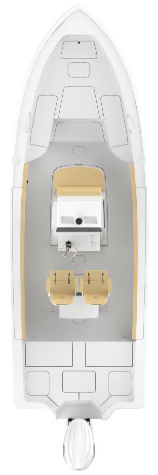Overhead deck layout view of a center console boat with helm, seating, and tan cushioned lounge areas