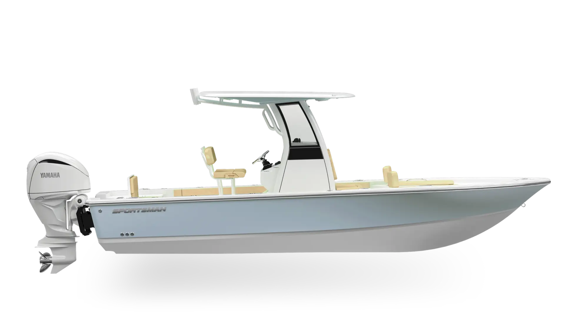 Sportsman center console boat with hard-top, Yamaha outboard engine, and tan seating viewed from the side