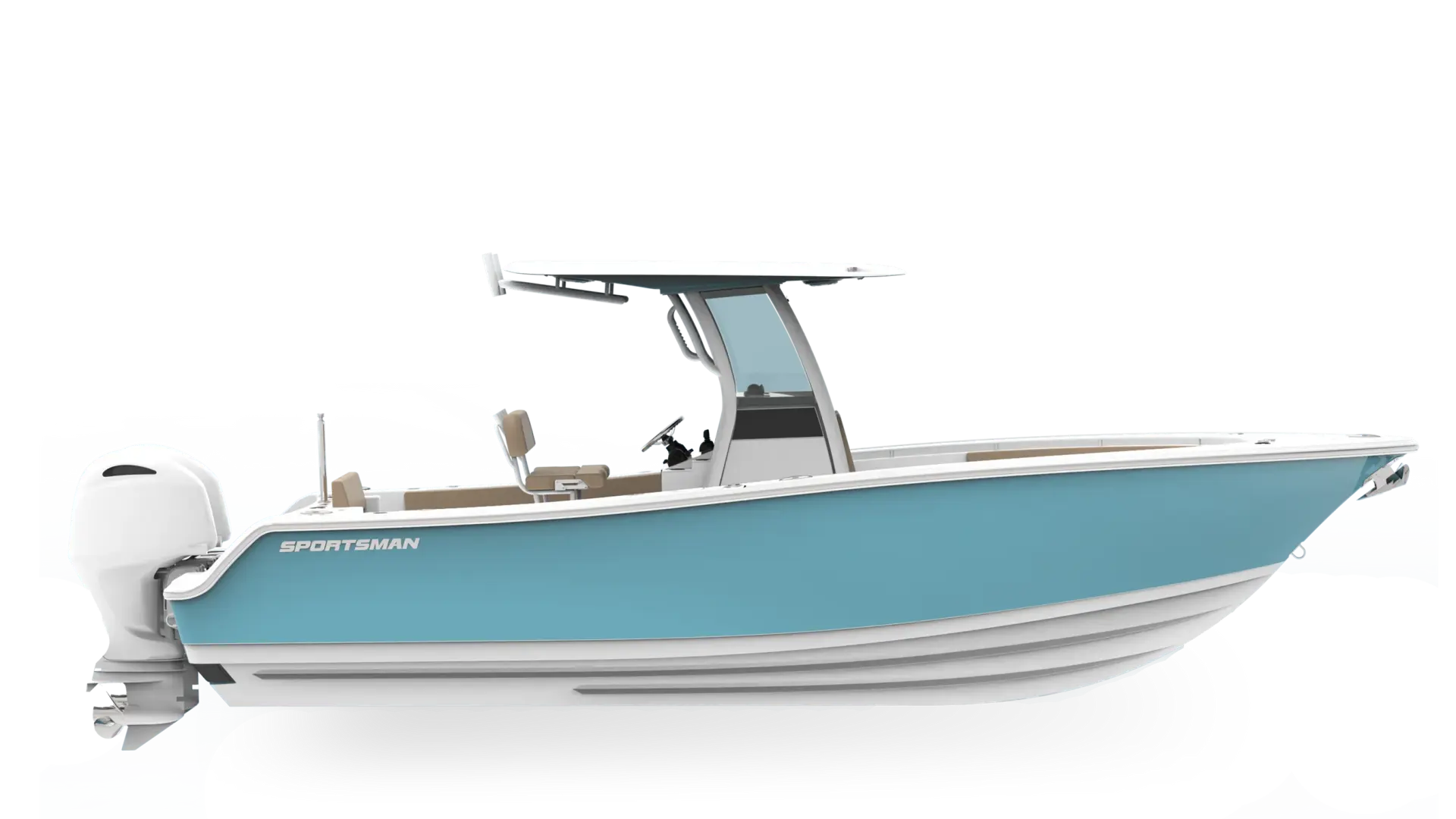 Turquoise and white Sportsman center console boat with hard-top, dual seating, and outboard engine on white background