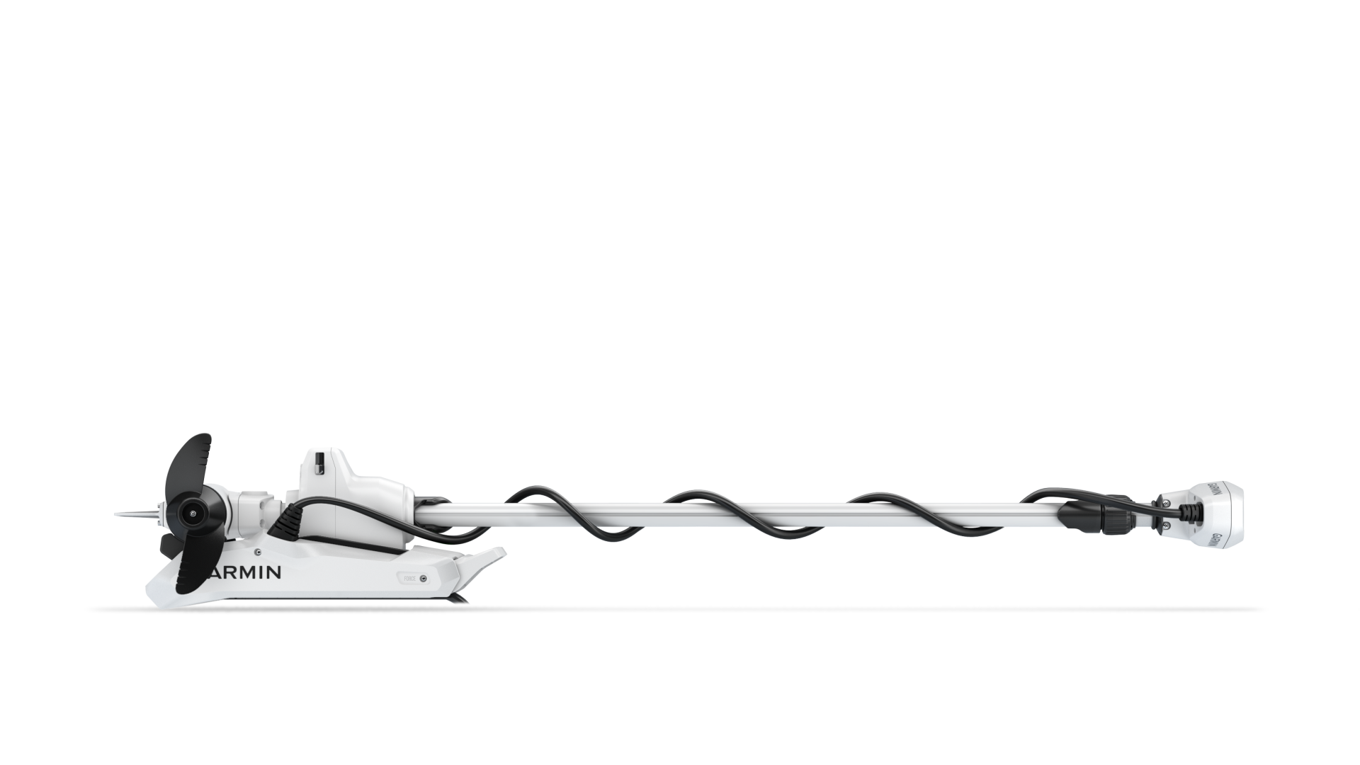 Garmin white trolling motor with black propeller and coiled power cord shown in stowed position