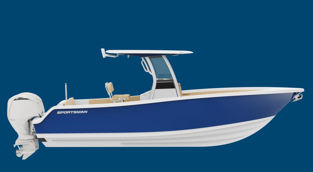 Blue and white center console sportsman boat with white hard-top and outboard engine against clear blue background