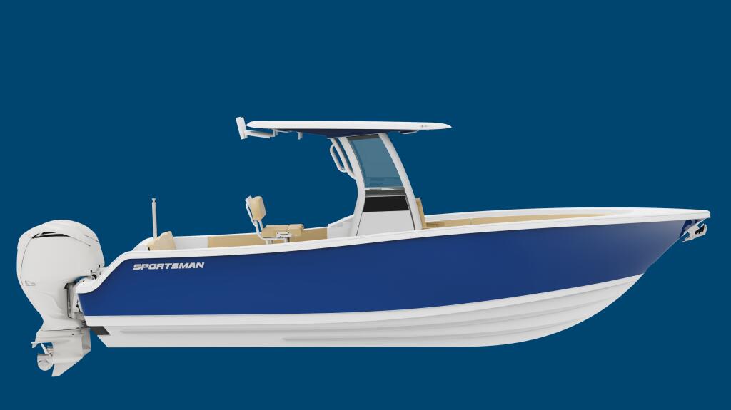 Blue and white center console sportsman boat with white hard-top and outboard engine against clear blue background
