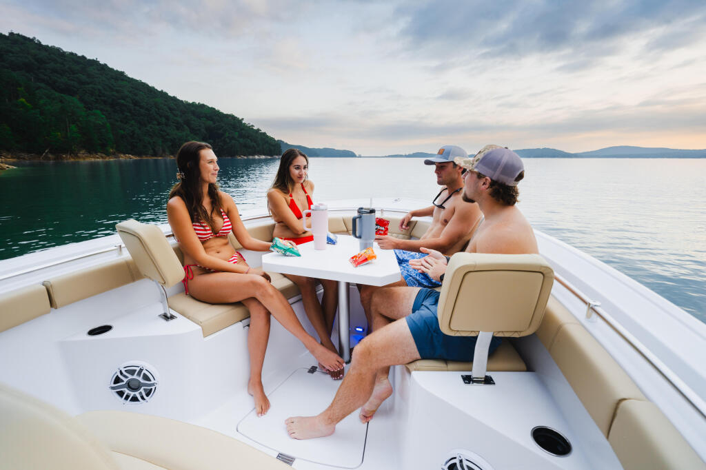 Four people enjoy snacks and drinks while gathered around a table on a boat in a scenic lake cove